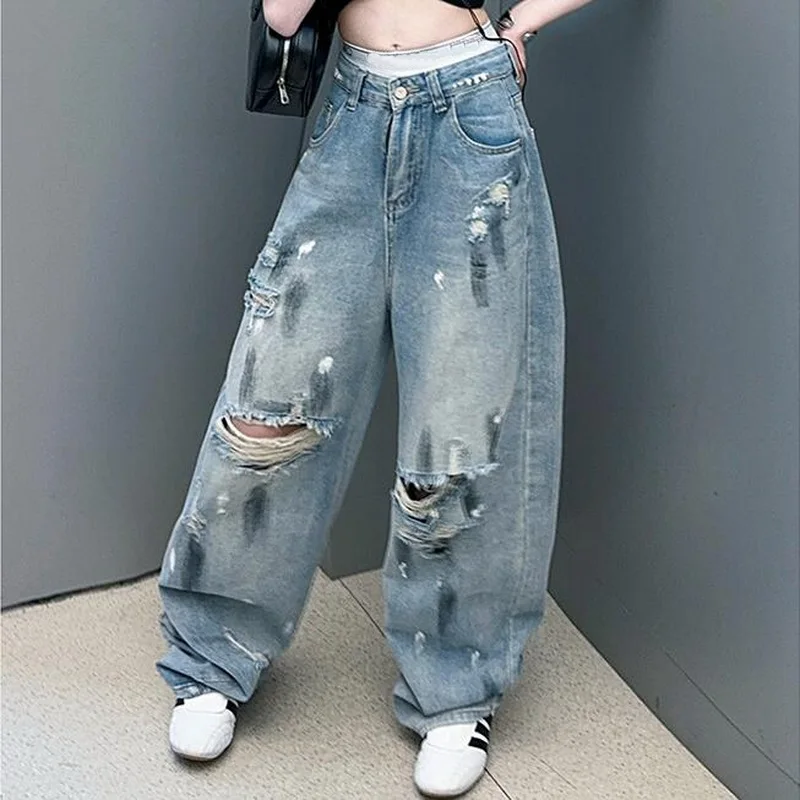 

Ripped Graffiti Jeans For Girl High Quality Straight Kids Spring Summer Child Wide Legs Denim Pants Casual Style Trousers