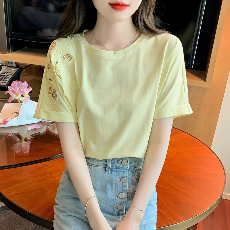

Мешковатый топ с вышивкой, женский летний наряд, эстетичная базовая одежда Yk2, корейская женская футболка с круглым воротником и коротким рукавом