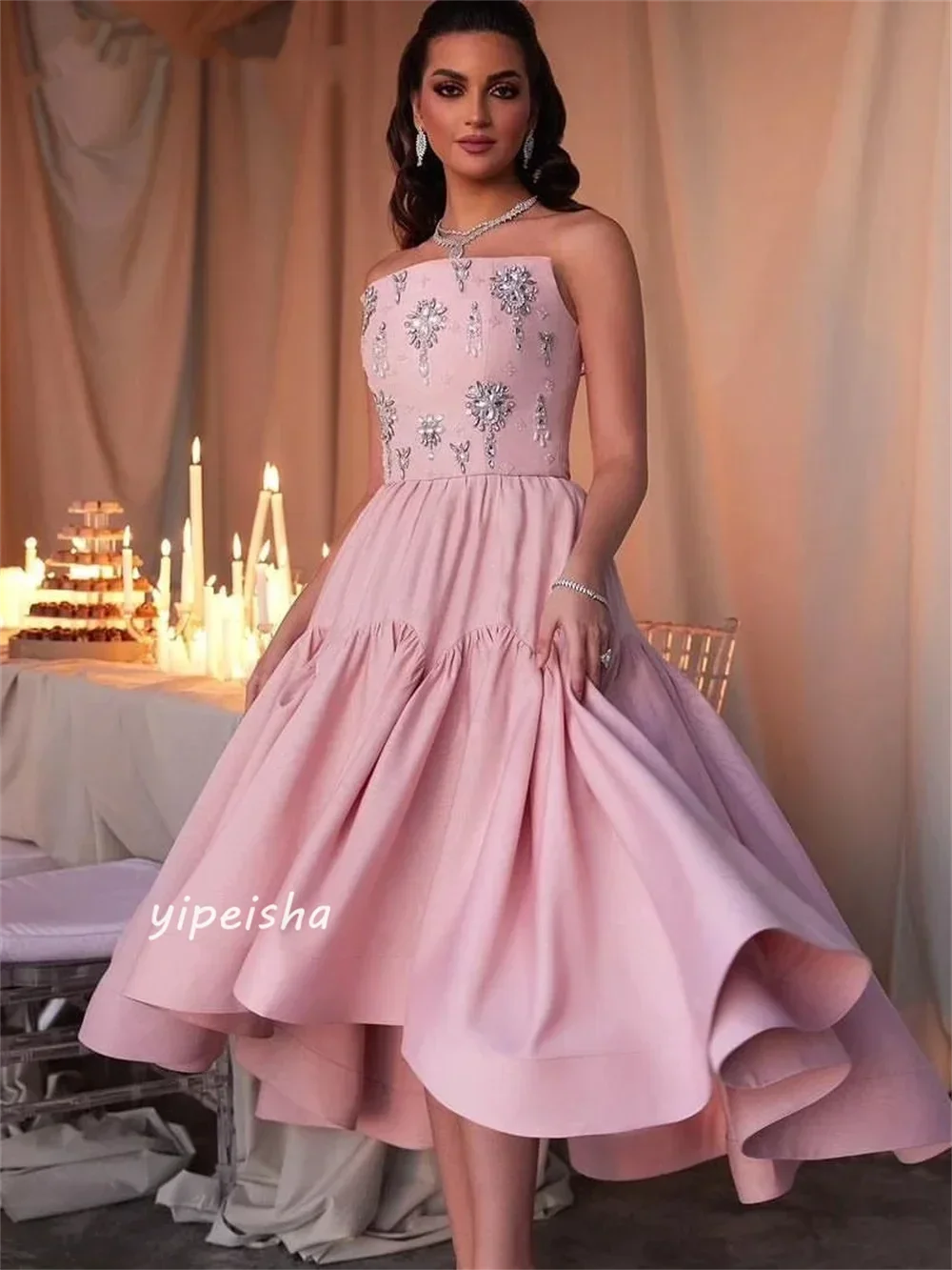 Classic Exquisite High quality Jersey Sequined Pattern A-line Strapless Midi Dresses Prom Dresses Fashion Sexy Formal Simple