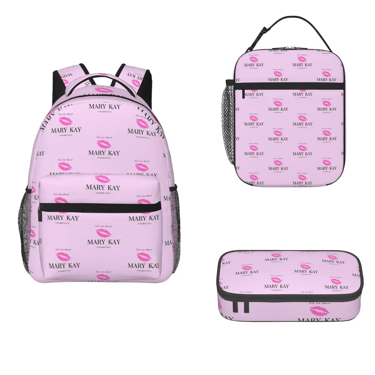 

Ask Me About Mary Kay Cosmetics Backpacks Girls Bookbag Children School Bags Cartoon Rucksack Lunch Bag Pen Bag Three-Piece Set