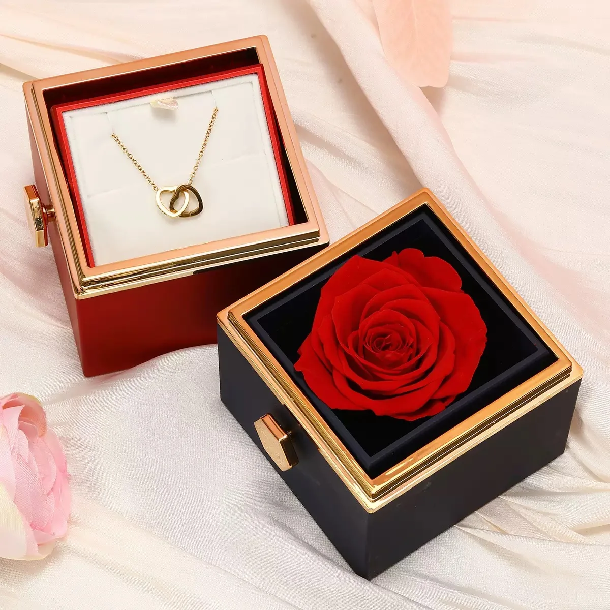 Custom Names Heart Necklace Personalized Jewelry Rotating Rose Box Pendant Chain For Women Wife Valentine's Anniversary Present