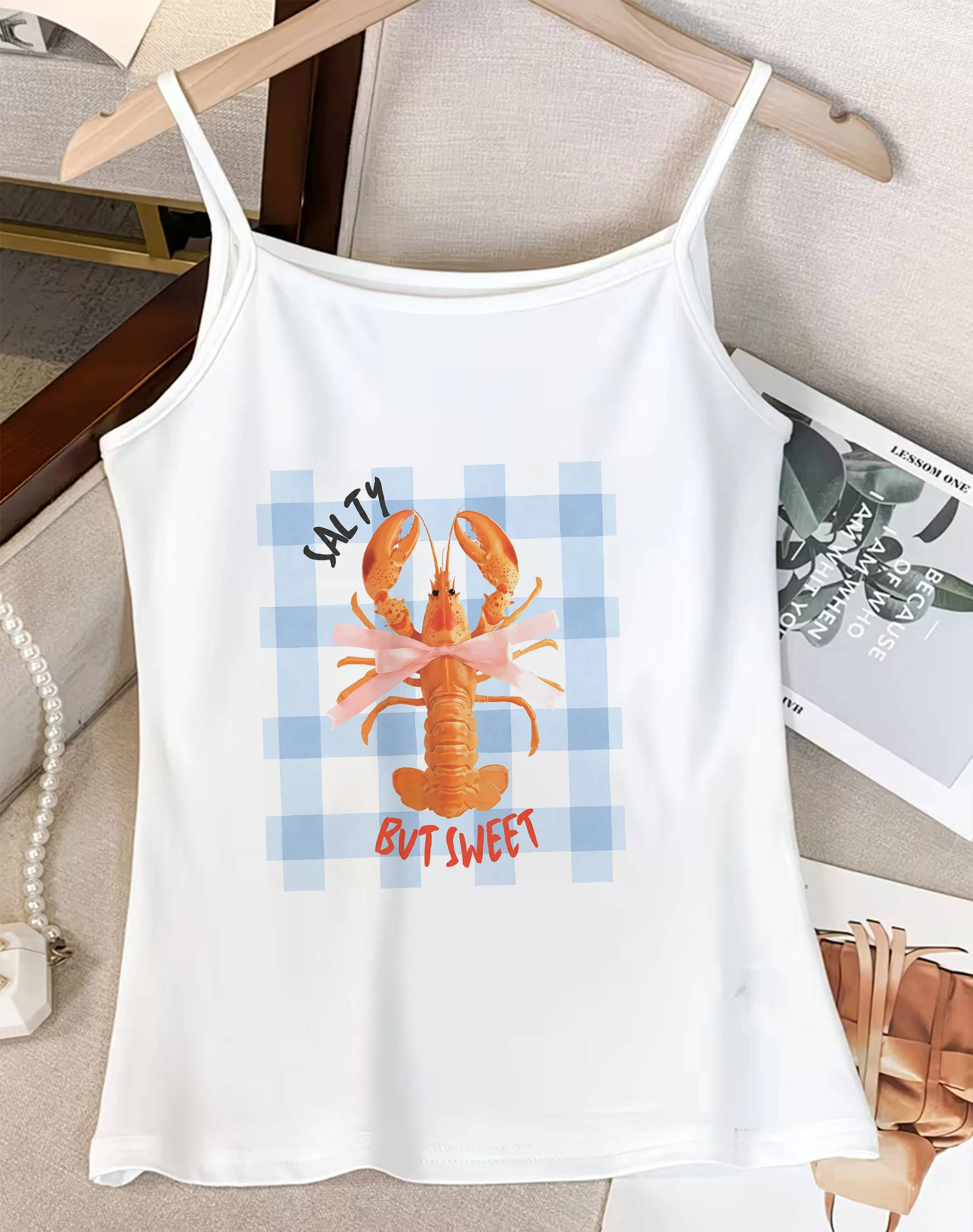 Vintage Checkered Lobster Print Spaghetti Strap Tank Tops Y2K Streetwear Sleeveless Camisole Holiday Slim Fit Cami Vest