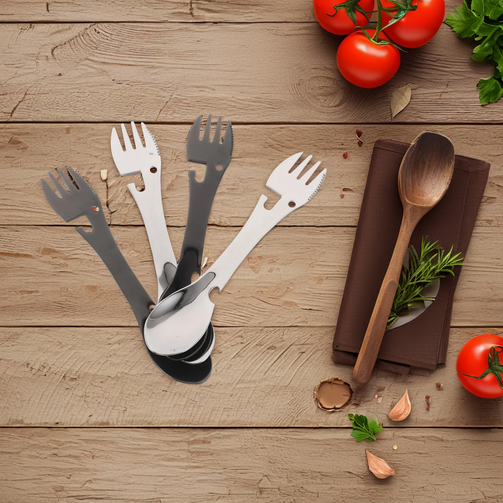 

4Pcs Stainless Steel Multifunctional Spork Travel Utensil Set With Knife Spoon Fork And Bottle Opener For Outdoor Camping
