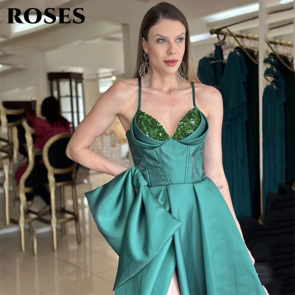 Rosas vestido de noite vermelho cinta de espaguete vestido de baile alta fenda vestido de noite com lantejoulas embelezadas robes de soirée personalizado