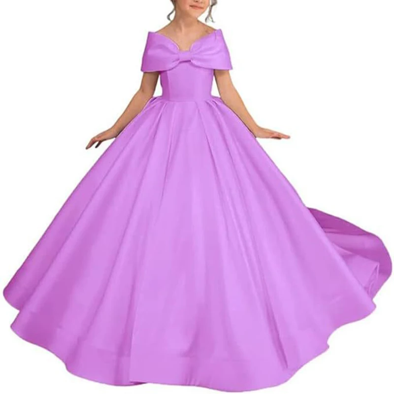 Vestidos elegantes de satén con lazo grande para niña, vestidos de flores con tren, vestido de primera comunión, vestidos de fiesta personalizados, vestido de boda para niña pequeña
