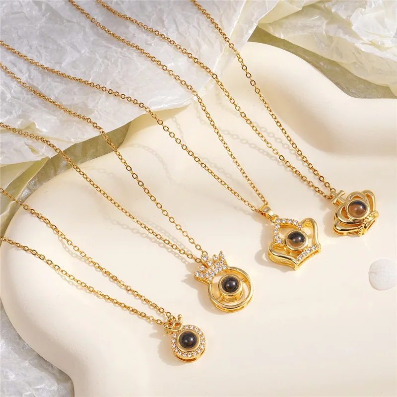 Light Luxury Crown Zircon Pendant Necklace Stainless Steel Chain 100 Language I Love You Choker Jewelry Gifts For Women Girls
