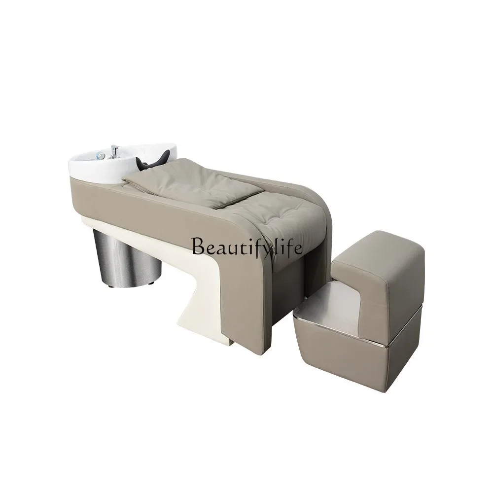 

High-end barber shop ceramic basin shampoo bed semi-reclining massage flush bed with ambient light