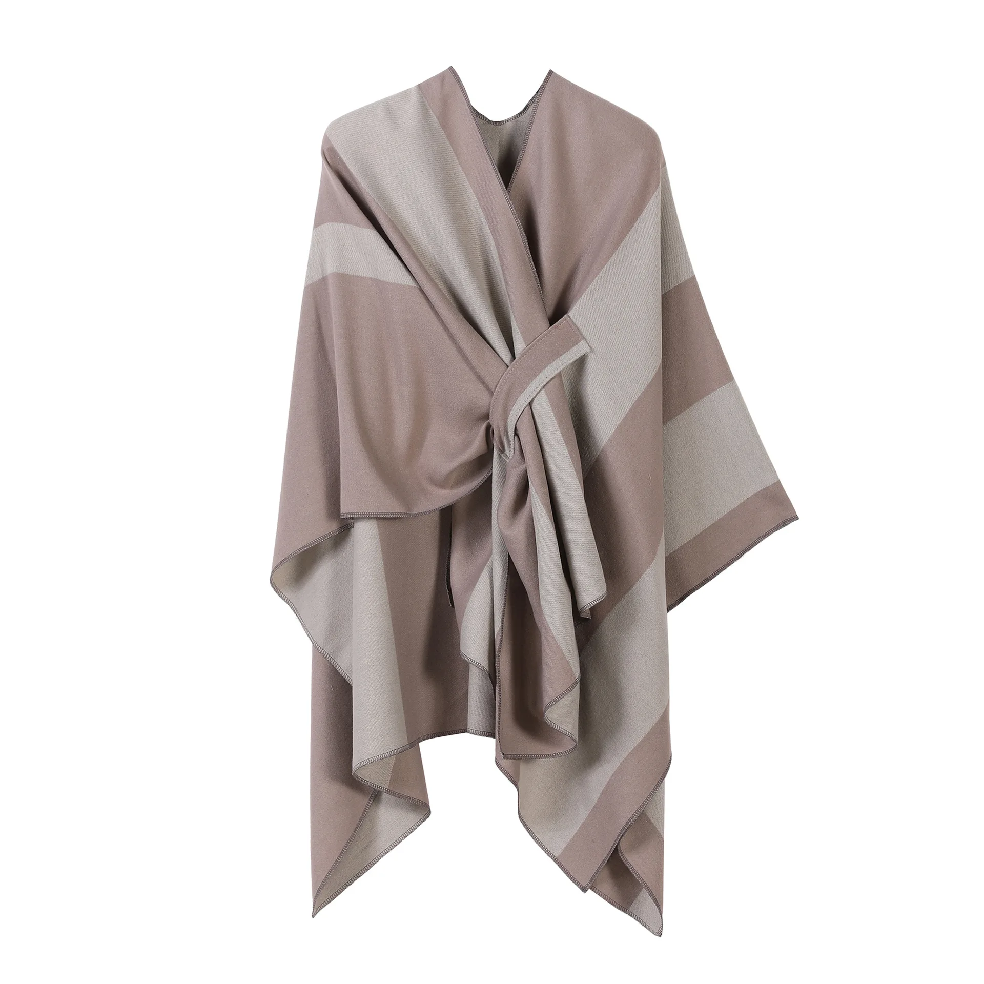 2025 new striped contrasting French shawl with bar slit double-sided fashionable versatile travel photography cape Poncho Cloak