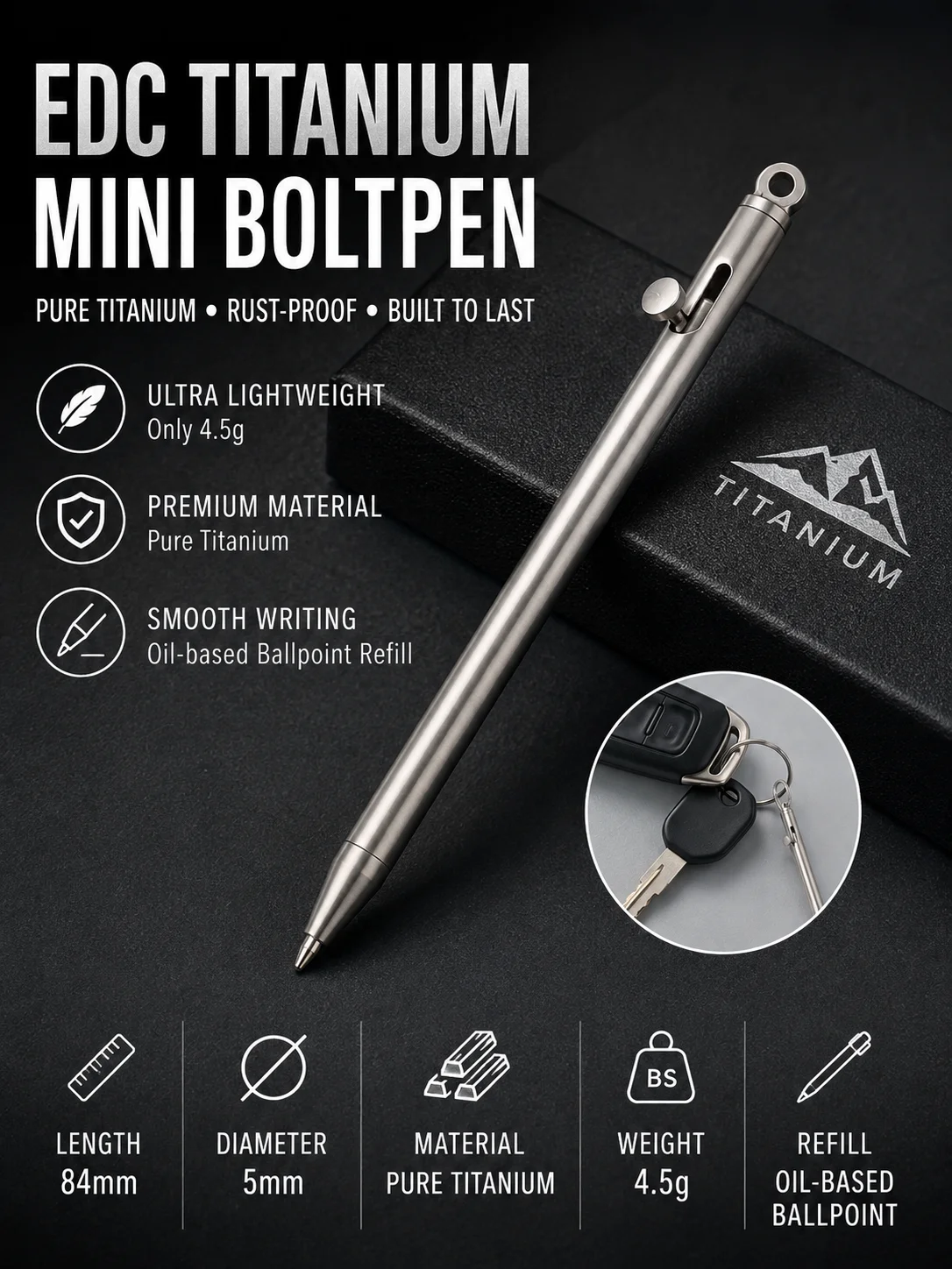Grade1 Pure Titanium Mini EDC Ballpoint Pen Bolt‑Action Keychain Pen 0.5mm Black Ink 2 Refills Portable Men Writing Tool