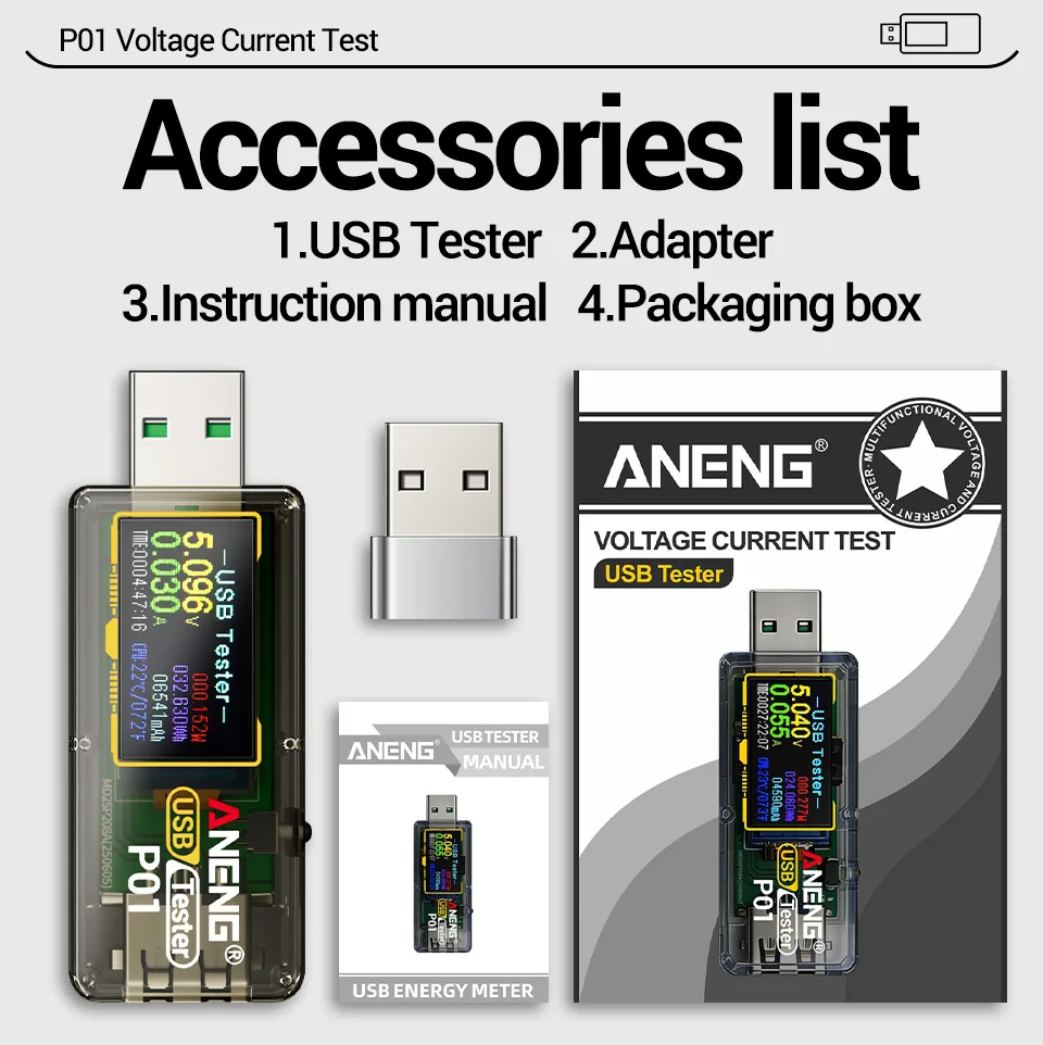 ANENG P01 USB-Tester, Voltmeter, Amperemeter, Typ-C-Schnellladungsdetektor, Kapazitäts- und Rippelmessgerät – Detail 21