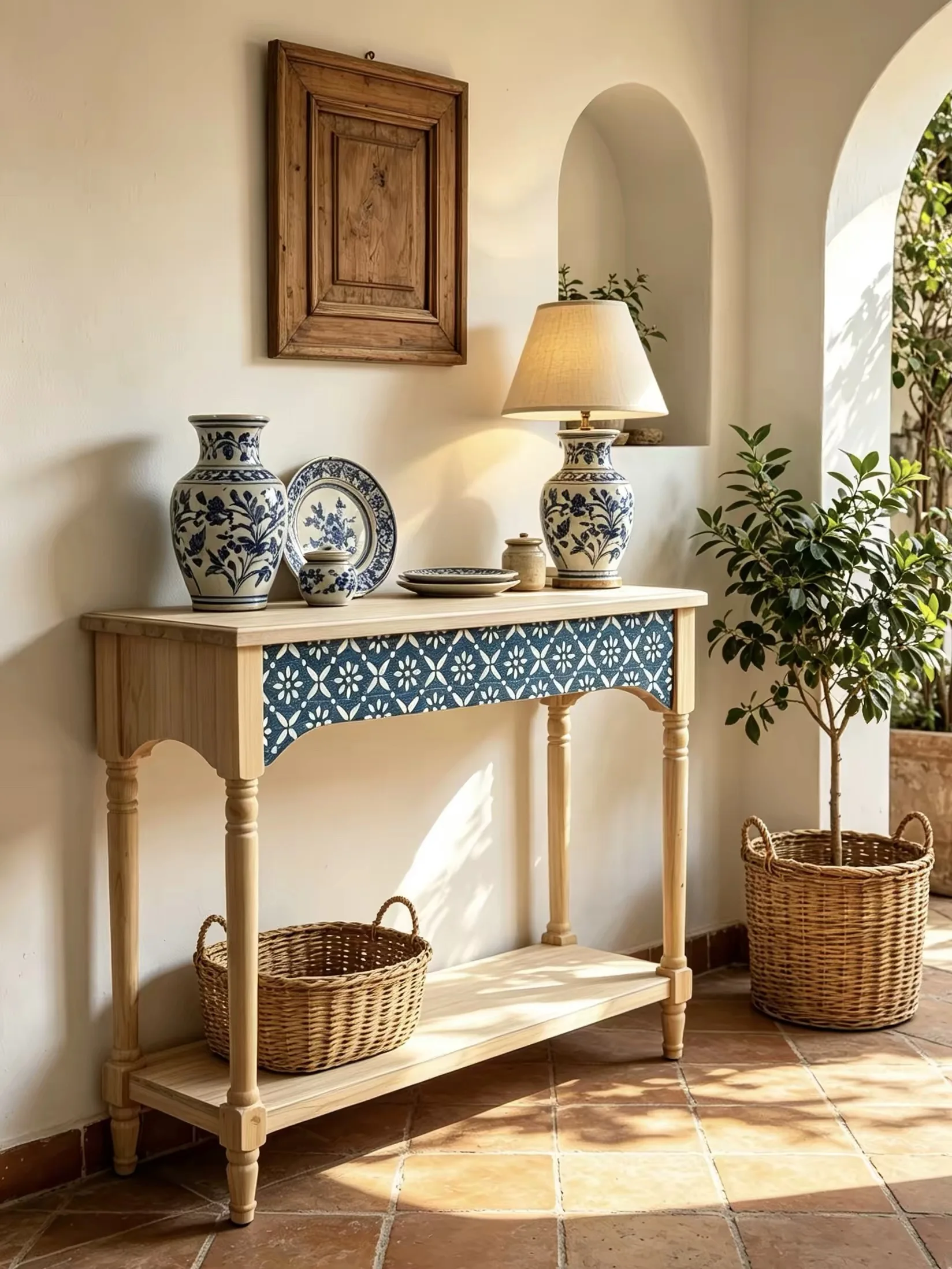 Vintage Wooden Console Table, Fir Wood Writing Desk with Floral Apron & Lower Shelf, Narrow Entryway Vanity Table, 100x38x80cm
