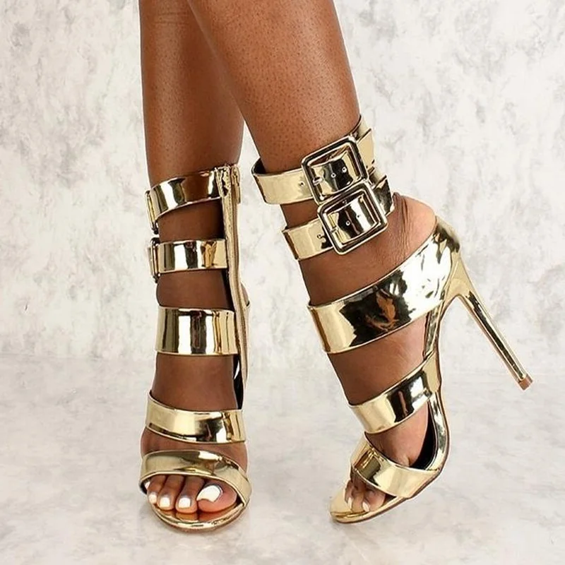 

Wide Strappy Belt Buckle High Heel Sandals Peep Toe Hollow Cutouts Golden Metallic Leather Heel Pumps Shoes Gladiator Heel Shoes