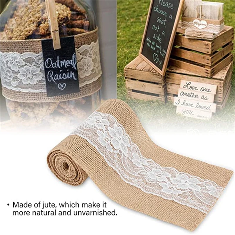 10 Pack Burlap Lace Chair Sashes 15x240CM Natural Jute Bow Ribbon Ties for Vintage Wedding Party Birthday Anniversary Decoration