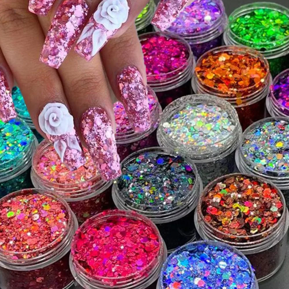 

24 цвета/набор, смешанный лазерный шестигранный дизайн ногтей, блестки, блестки для ногтей, голографический блестящий порошок, хлопья, маникюрный лазер, массивный блеск #