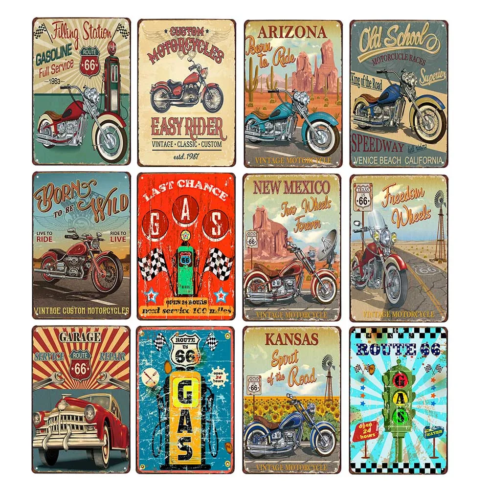 Motorcycle Metal Wall Art Poster Iron Painting Signs GAS ROUTE66 Vintage Decoration Garage Plaque Home Decor Plates 20x30cm