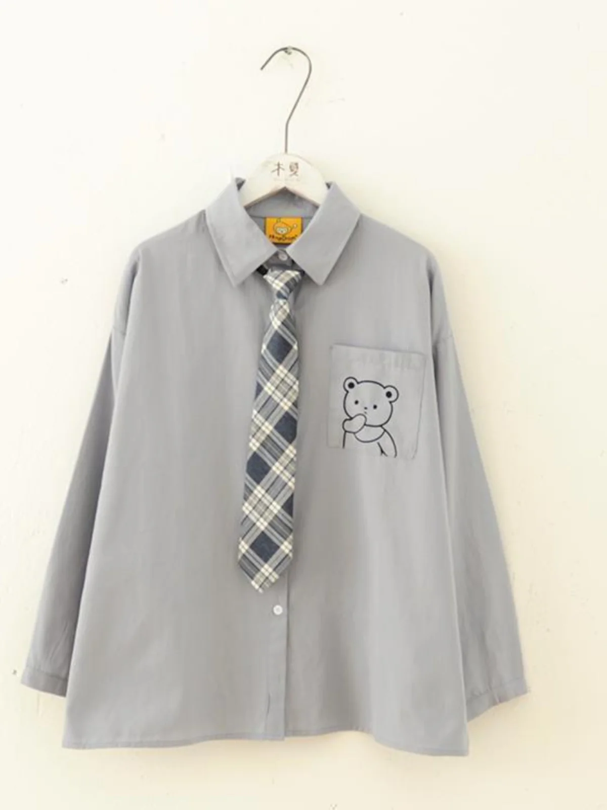 

Рубашка-униформа Sweet Style с принтом медведя, прямого кроя, с длинным рукавом, в корейском стиле, больших размеров, женская, с воротником на пуговицах