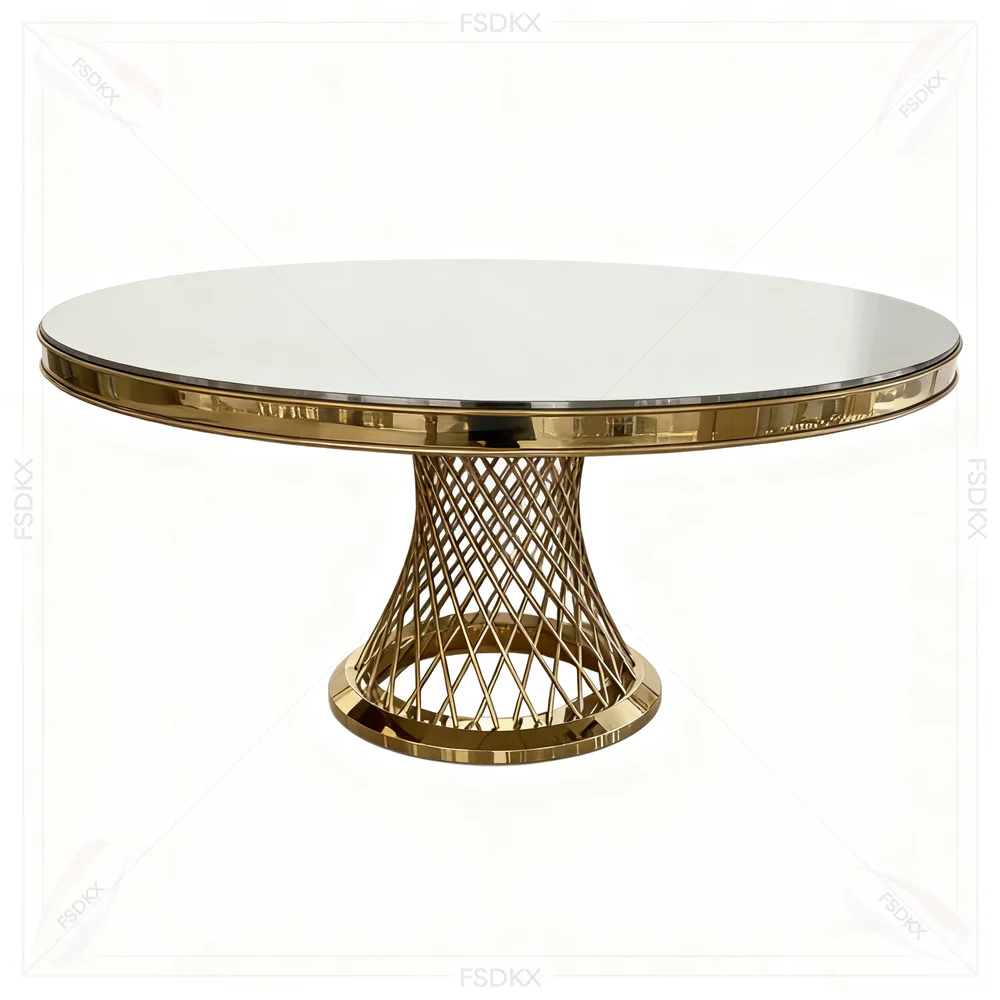 

FSDKX Custom Size Gold Round Stainless Steel Glass Top Table Luxury Round Tables For Parties And Events