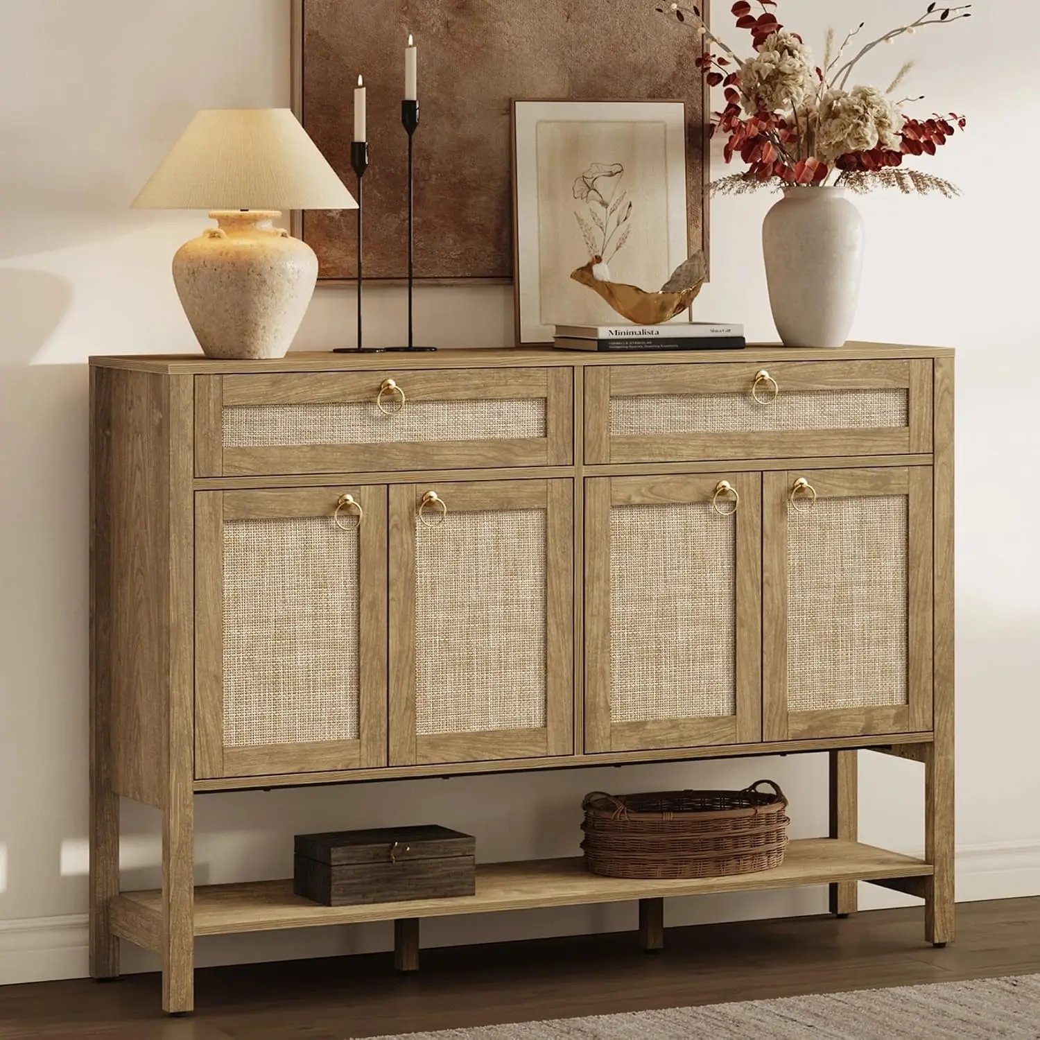 Rattan Sideboard Buffet Cabinet with 2 Drawers & 4 Doors, Customized