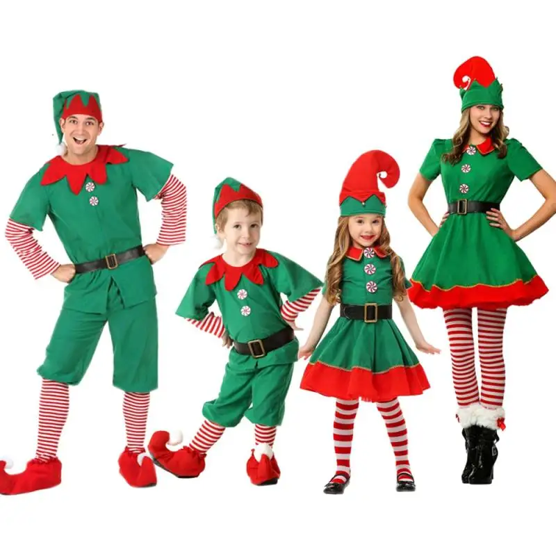 Christmas Elf Costume for Adult Santa Claus Cosplay Elf Hat Shoes Belt Socks Fancy Dress Suit Red Green Men Women Xmas Outfits