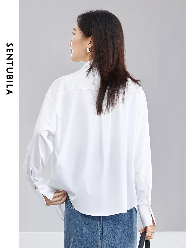 SENTUBILA Lapel Button Up Spring White Shirt 2024 Women\'s Long Sleeve Top Scenery Printed Casual Loose Women Blouse 141C52871