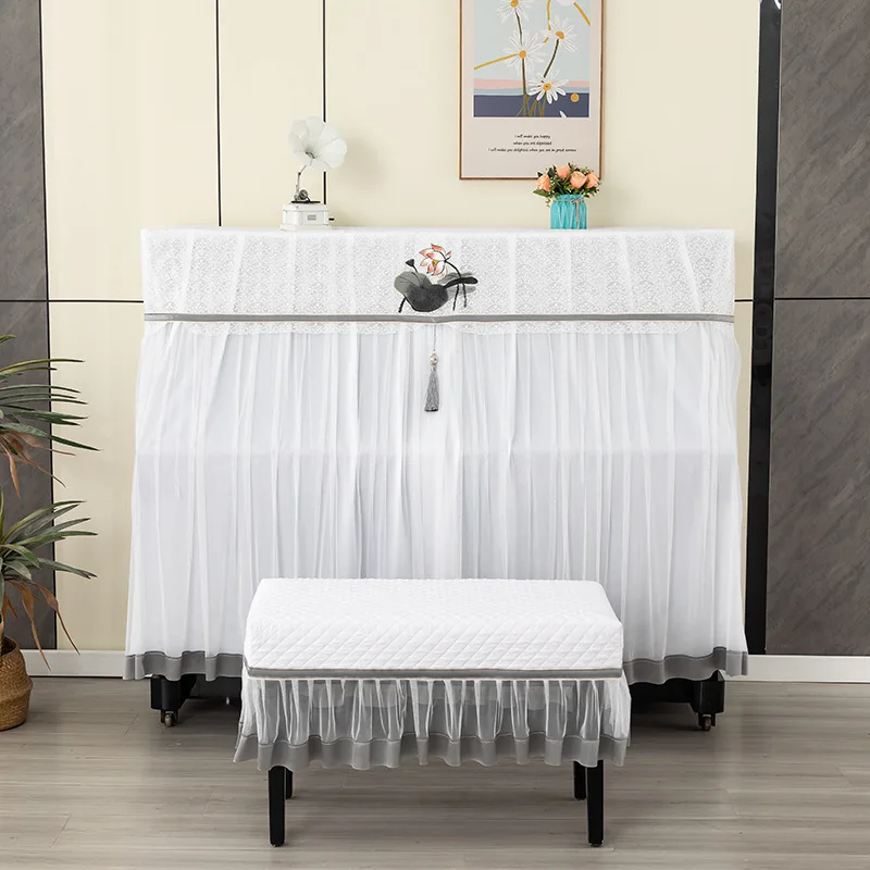 Korean Embroidered Piano Cover Set High End Lace Edge Piano Protective Case Modern Minimalist Piano Stool Dust Cover