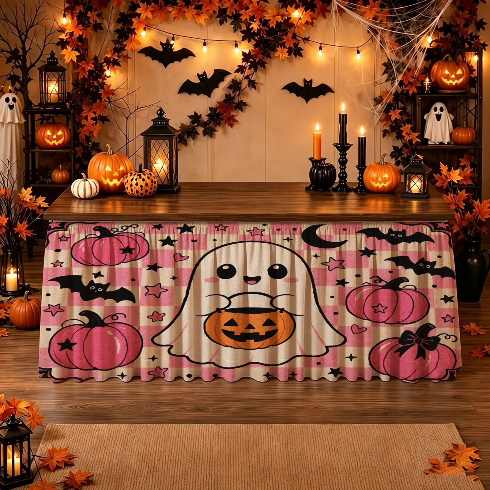 Halloween, Christmas, party tablecloth, scary table skirt, 1 piece, cute pumpkin-bowl pattern