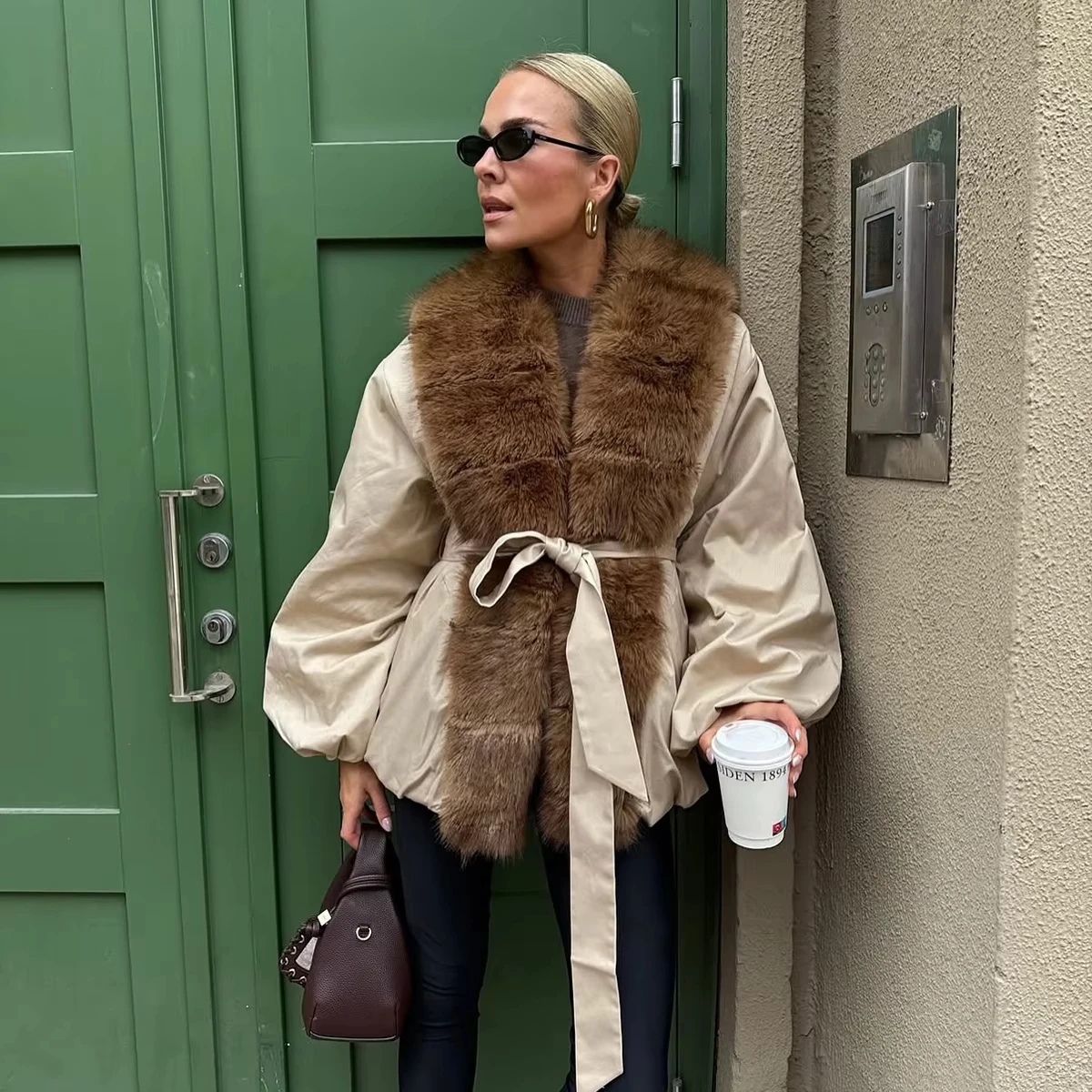 DFDG Women Oversized Puffer Jacket Wide Faux Fur Shawl Collar Balloon Sleeve Loose Warm Winter Outerwear Urban Street Daily Look