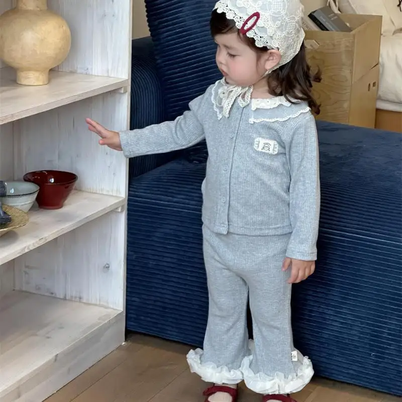 

2025 Autumn New Baby Long Sleeve Clothes Set Girls Cute Lace Lapel Cardigan + Flared Pants 2pcs Suit Toddler Cotton Outfits