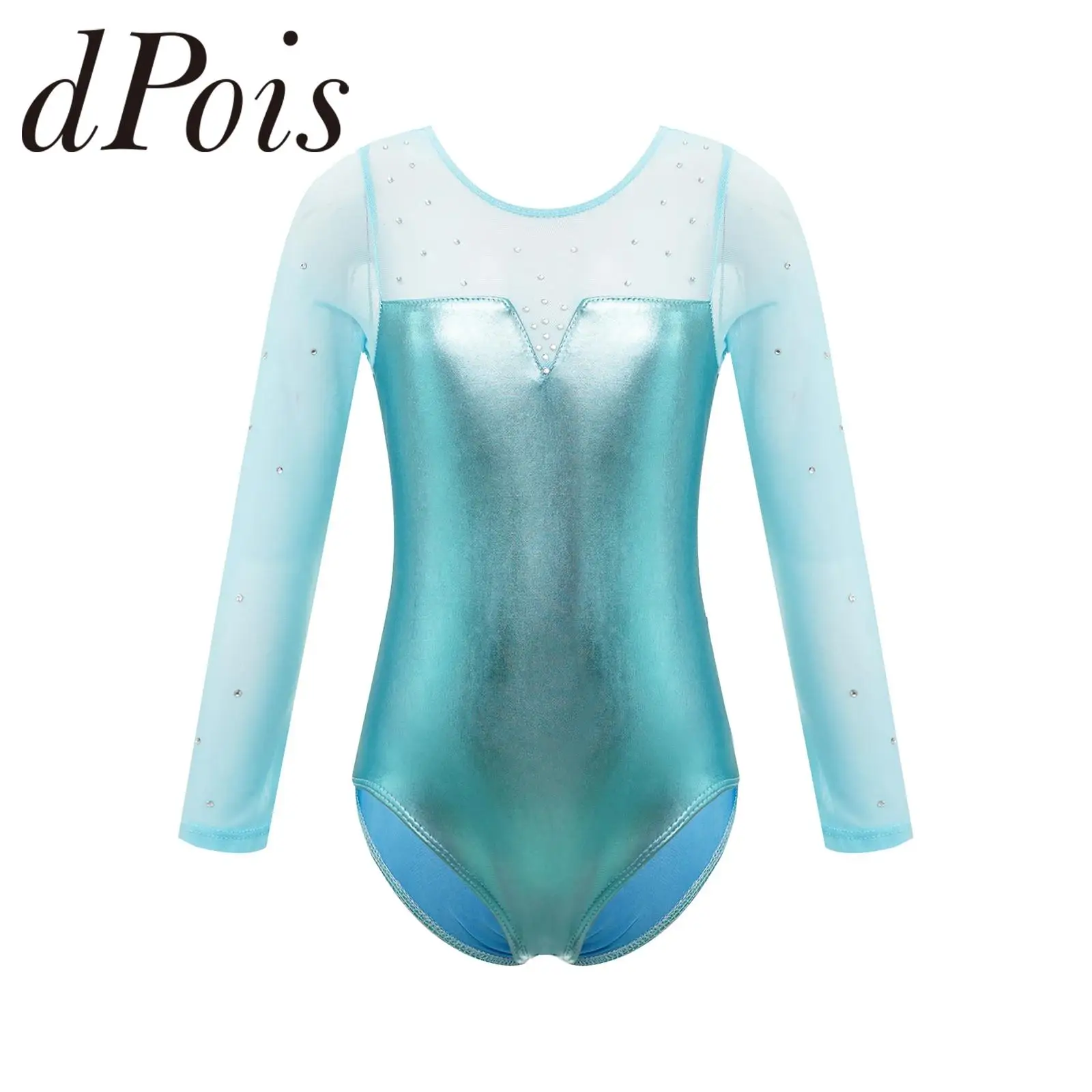 Child Gymnastics Bodysuit for Girls Kids Tulle Long Sleeve Gymnastics Jumpsuit Sparkly Rhinestone Metallic Ballet Dance Leotards