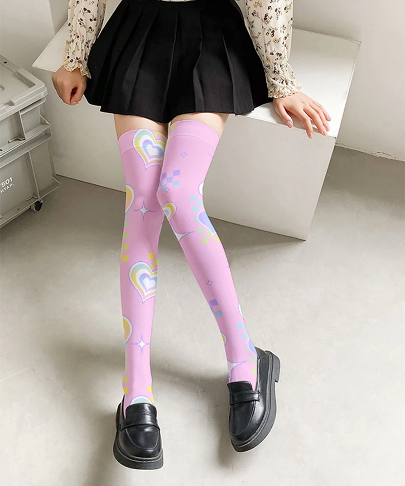 Summer ladies sexy stockings new design flower striped printing pink, white and yellow over-the-knee socks cute sweet girl Loli