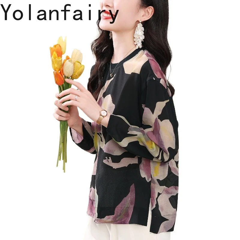 

YOLANFAIRY 100% Real Mulberry Silk Shirts for Woman Spring High-end Printed Shirt Womens Top Vintage Ladies Tops and Blouses
