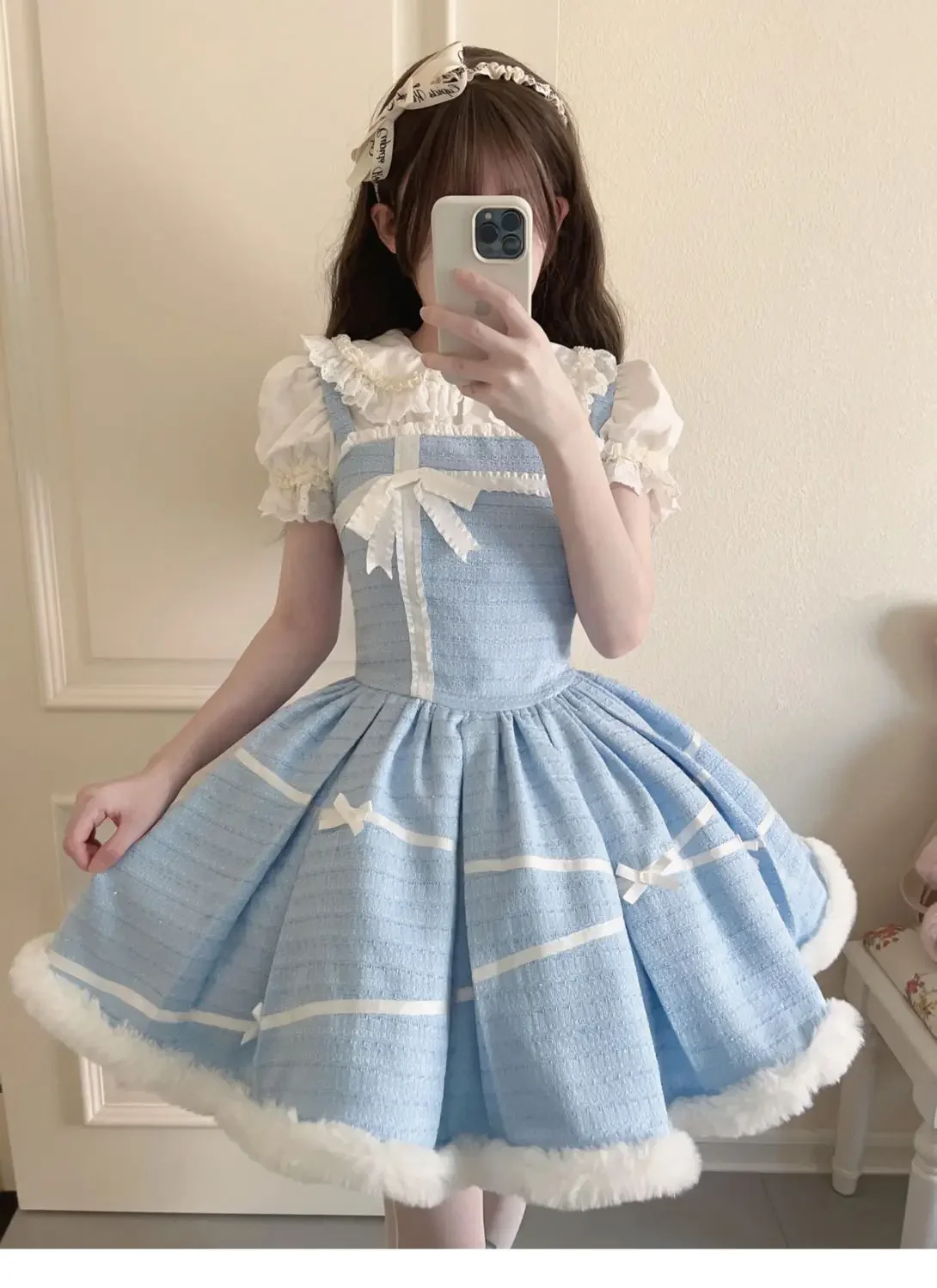 Coalfell Autumn Winter Lolita Blue Cute Temperament Dress Set Elegant Vestidos Plush Coat Sweet JSK Dresses New 2-piece Set