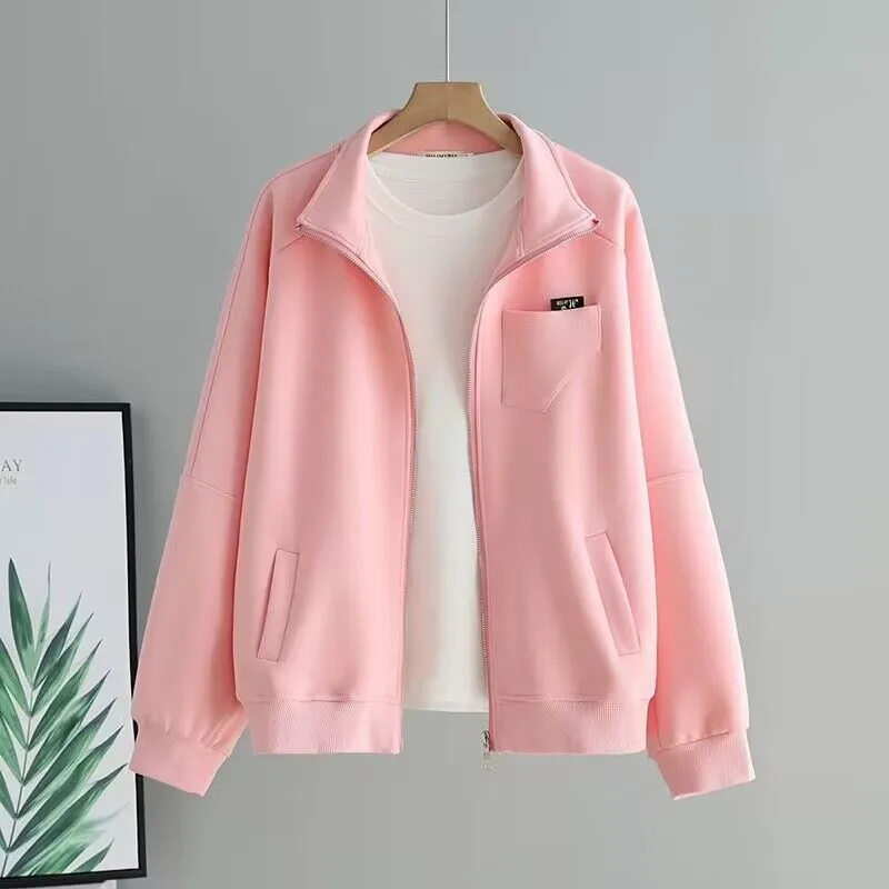 Chaqueta informal para mujer, abrigo holgado con cuello levantado, prendas de vestir exteriores de color puro, Tops con bolsillo y cremallera, primavera y otoño, 2023