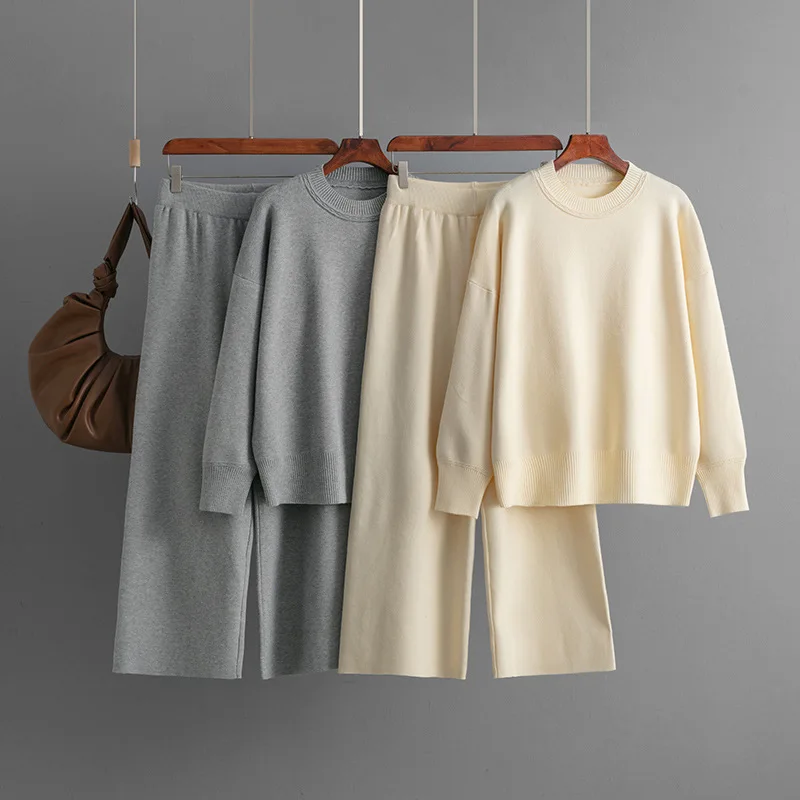 Set Rajutan Wanita Sweter Longgar Ne Bulat Celana Kaki Lebar Set Dua Potong Ansambel Musim Gugur Musim Dingin Faion Kasual