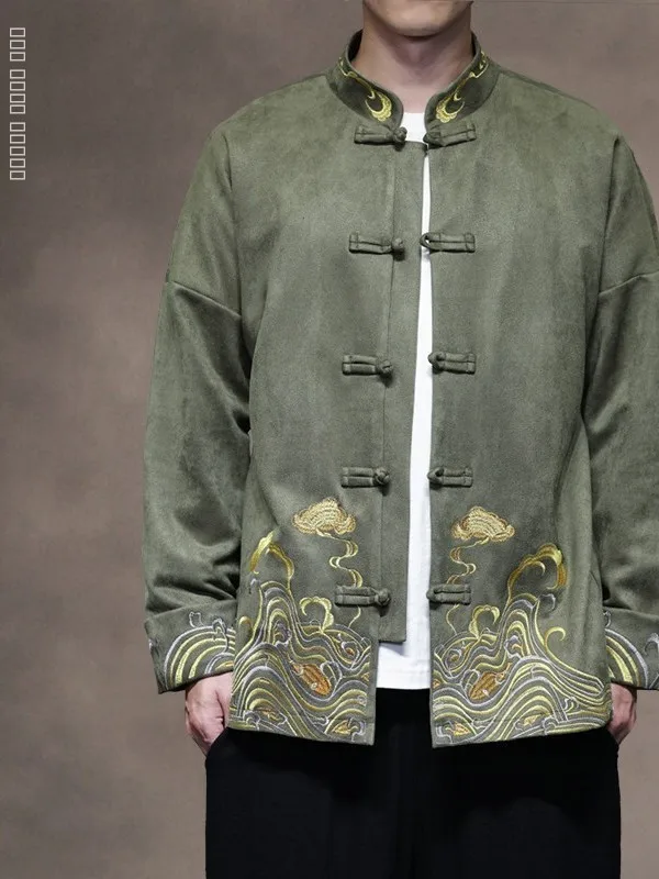 

Autumn Winter Embroidered Loose Fit round Ne Men's Jaet Chinese Sle Casual Coat Tea Service Outerwear Youth Faion