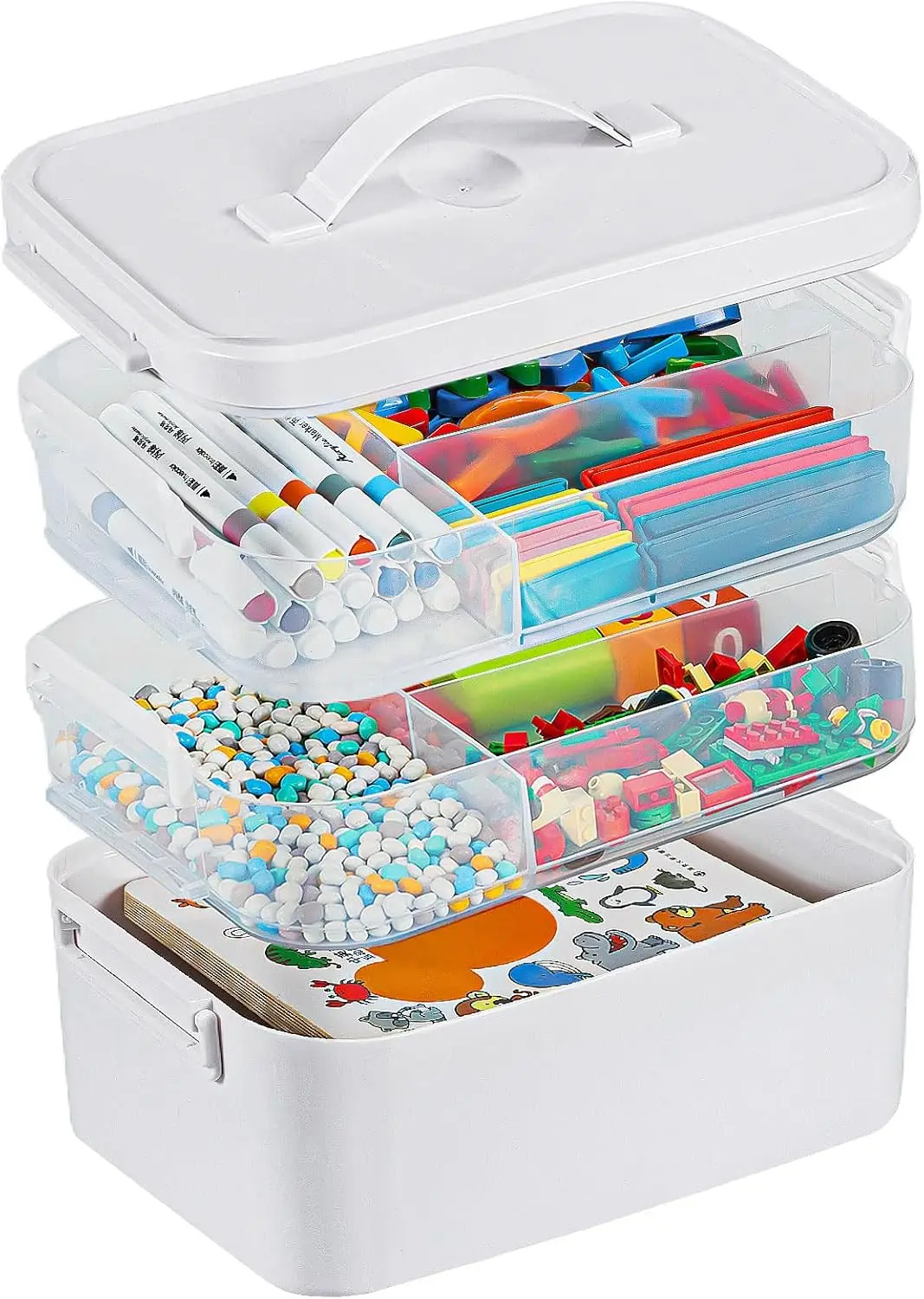 

Plastic Craft Organizers and Storage Box with Removable Trays, Storage Containers with lids and Handle（White-3-Layer）