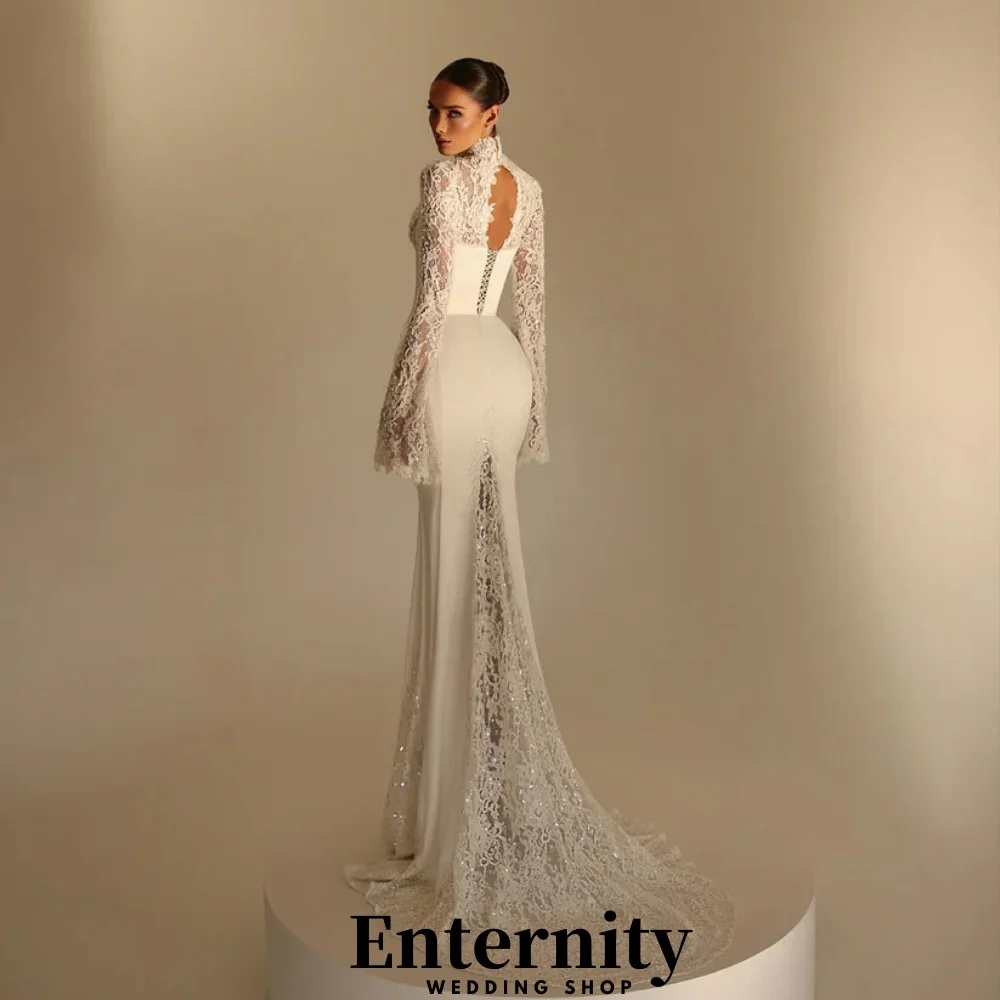 Customized  Exquisite Lace Applique Wedding Gown Charming High-neck Bridal Dresses Shining Lace-up Bridal Gown Vestidos De Noiva