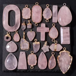 Natural Rose Quartz Stone Pendant Connectors Shape Waterdrop Cross Pink Crystal Charms for Jewelry Making Necklace DIY Bracelet