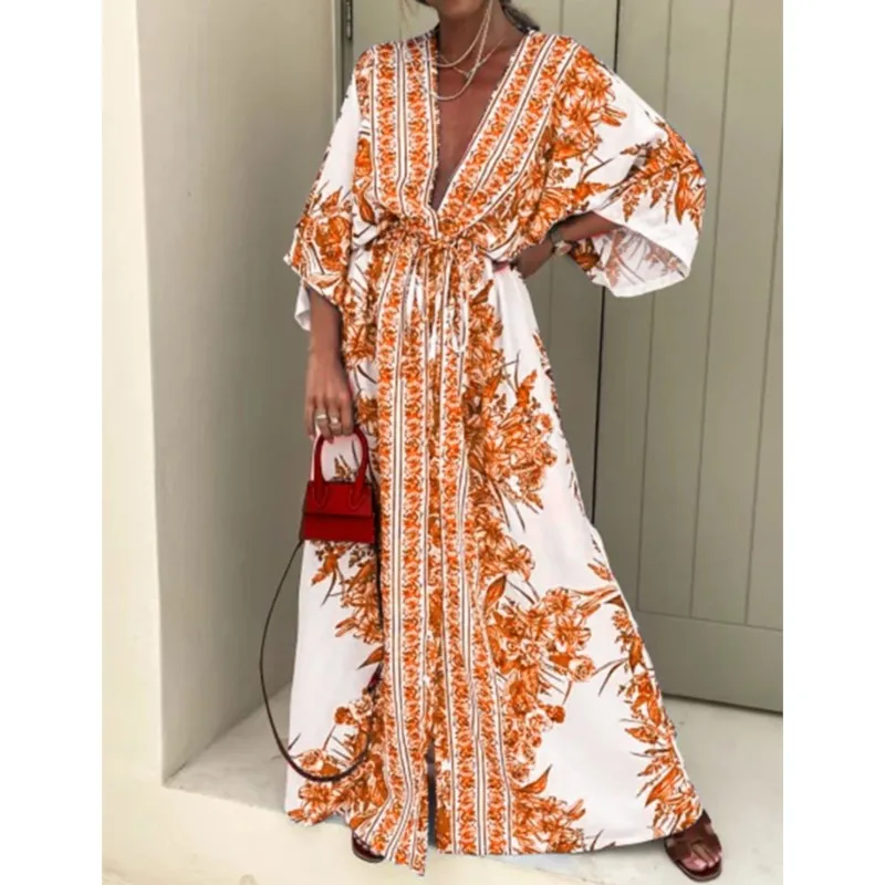 Women Boho Deep V Neck Waist Drawstring Long Dresses Spring Printed Vintage Maxi Dress Summer Short Sleeves Loose Beach Vestidos