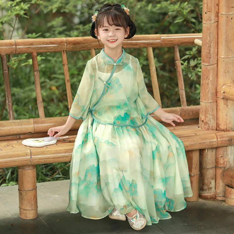 Summer Dress 2024 New Chinese Style Little Girl Hanfu Suit Skirt