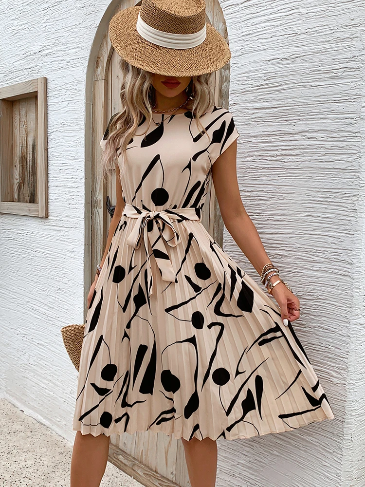 Spring Summer Women O Neck Pleated Medium Long Dress Fashion Print Lace-up Dress