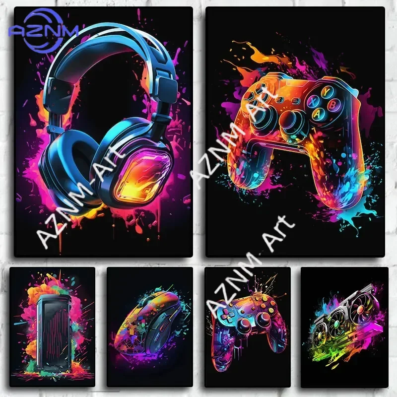 Pop Neon Videospiel-Charakter Poster Gamepad Kopfhörer Fußball Basketball Leinwanddruck Wandkunst Deko Gaming-Zimmer Dekoration