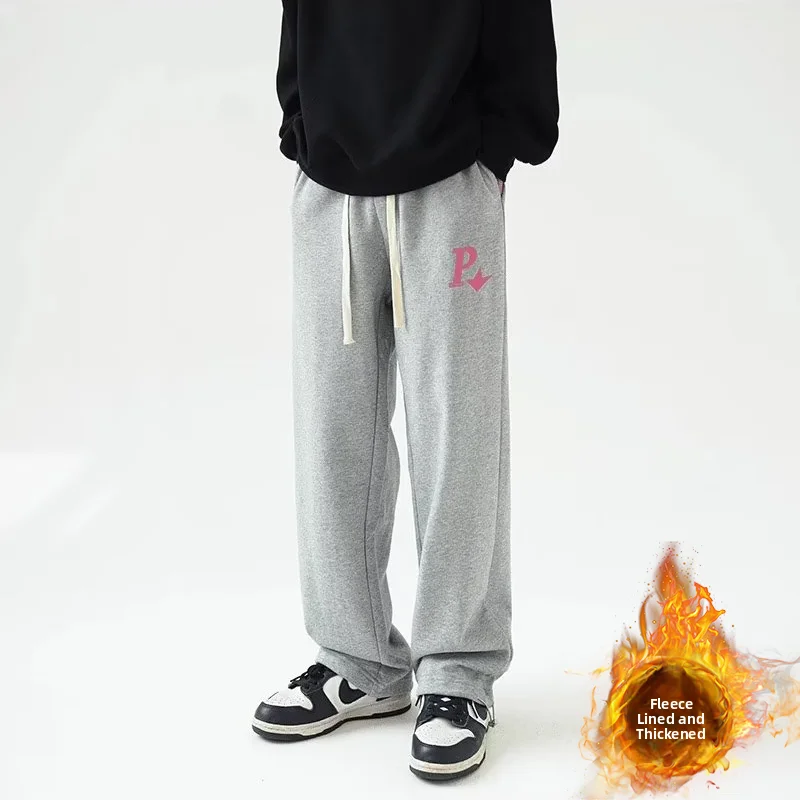

ay Fce Lined Sweatpants Men's Spring Autumn Casual Sports Thiened Boys Trendy Loose Straight Leg Long Pants