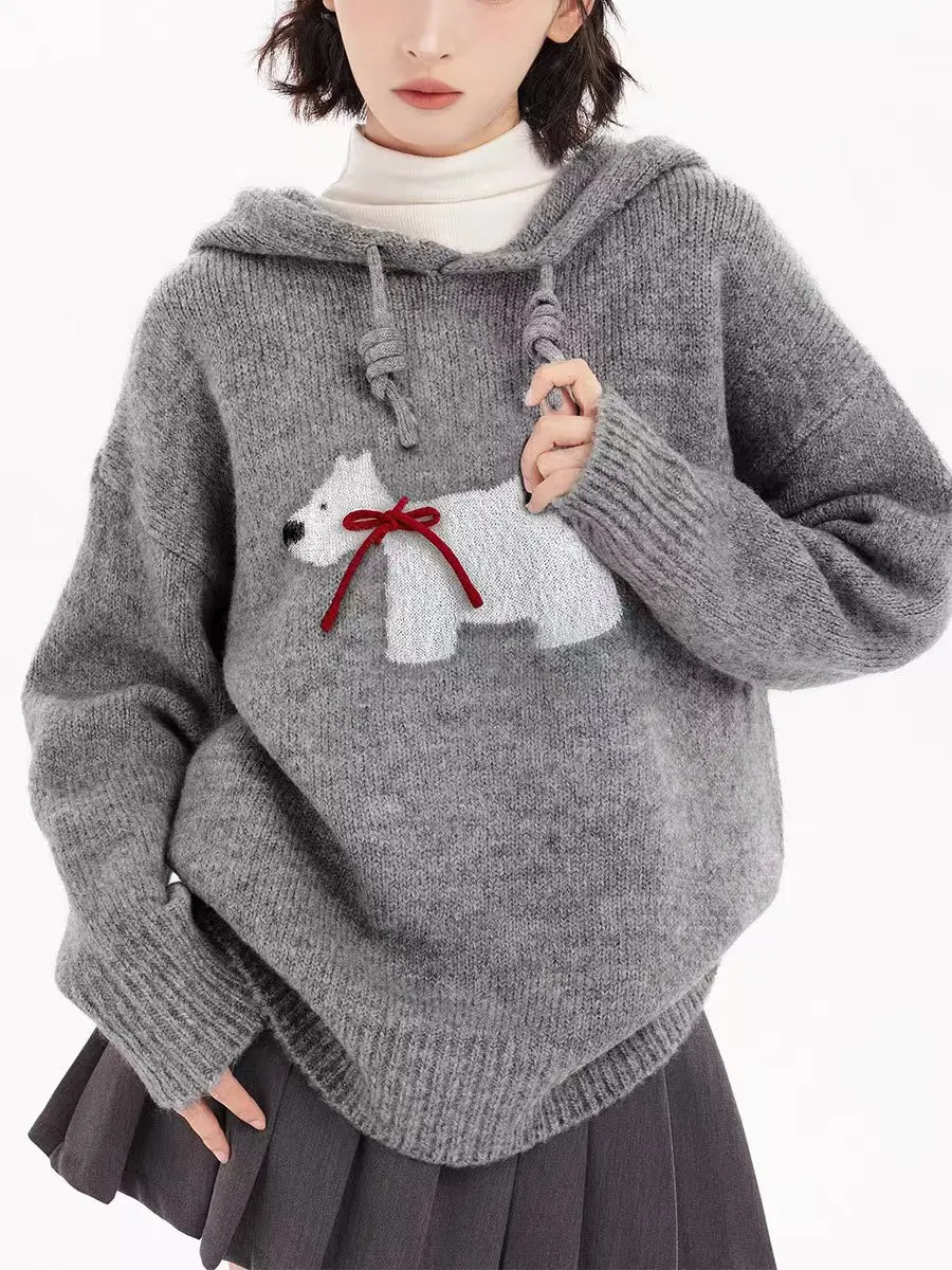 know dream 2024 Autumn/Winter New Grey Dog Hoodie Women's Cute Sweater Lazy Style Women's Top