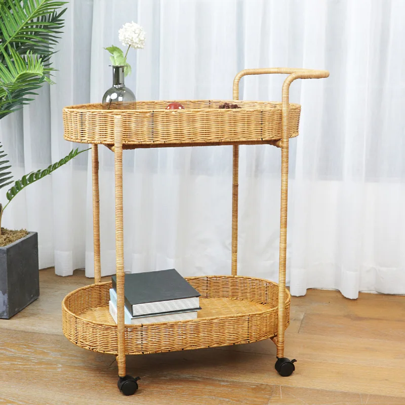 Double-layer rattan rack, wine cart, tea cart, cake cart, mobile trolley, hotel linen cart