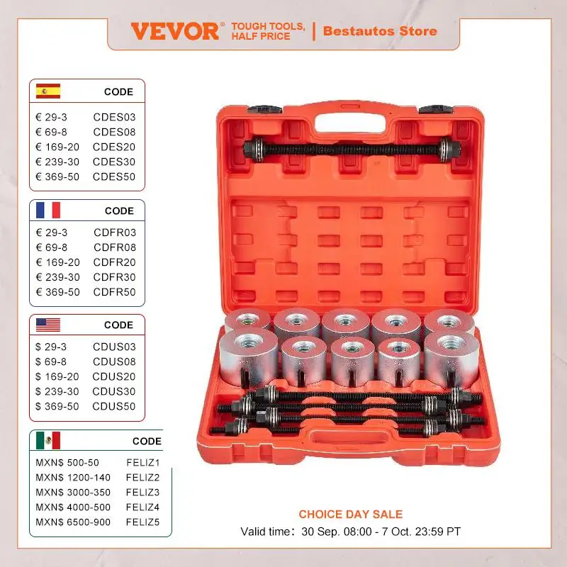 

VEVOR 27pcs Universal Press and Pull Sleeve Kit Car Master Bush Bearing Removal Insertion Tool for Car Repair Auto Maintenance