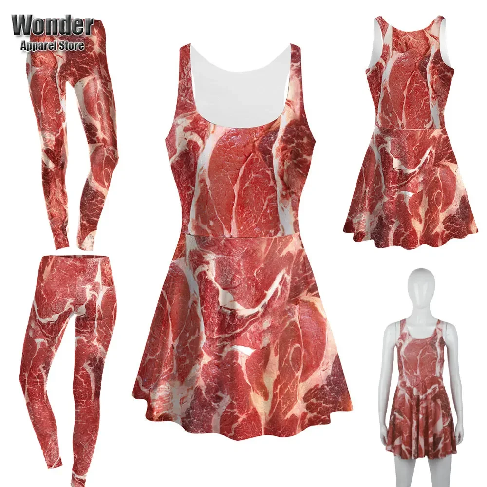 Women Sashimi Sliced Meat Beef Pork 3D Printed Fitness Elastic Pants Leggings Halloween Sleeveless Dress Party Cosplay Costume