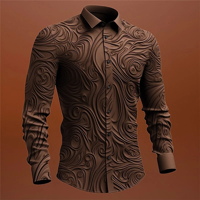 

Fashion Relief Sculpture Graphic Shirts Trend Spring Autumn Mens 3D Printed Long Sleeve Shirt Loose Streetwear Lapel Blouse Tops