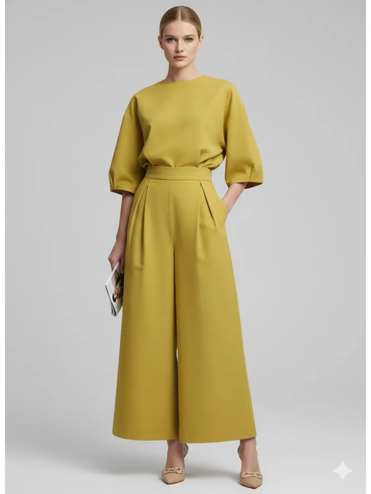 بدلة قفز نسائية صفراء من Freeacy برقبة دائرية نصف كم وخصر عالي وواسعة الساق معاطف للربيع والصيف بدلة غير رسمية من قطعة واحدة