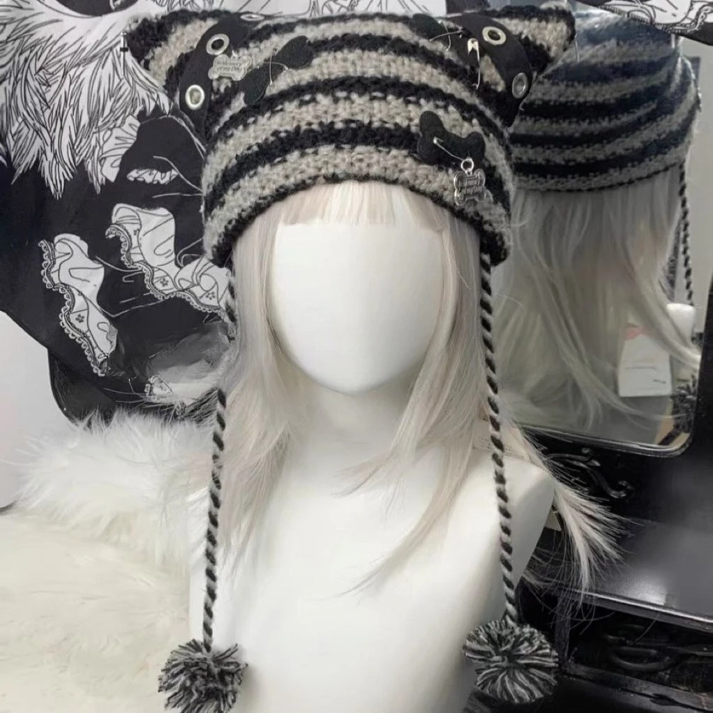 Y2k ثقافة فرعية فتاة قبعة Harajuku أرنب الأذن قبعات القوطية الشرير Kawaii الخريف 2025 الدافئة شريط نمط قبعة الدفء قبعة 2025